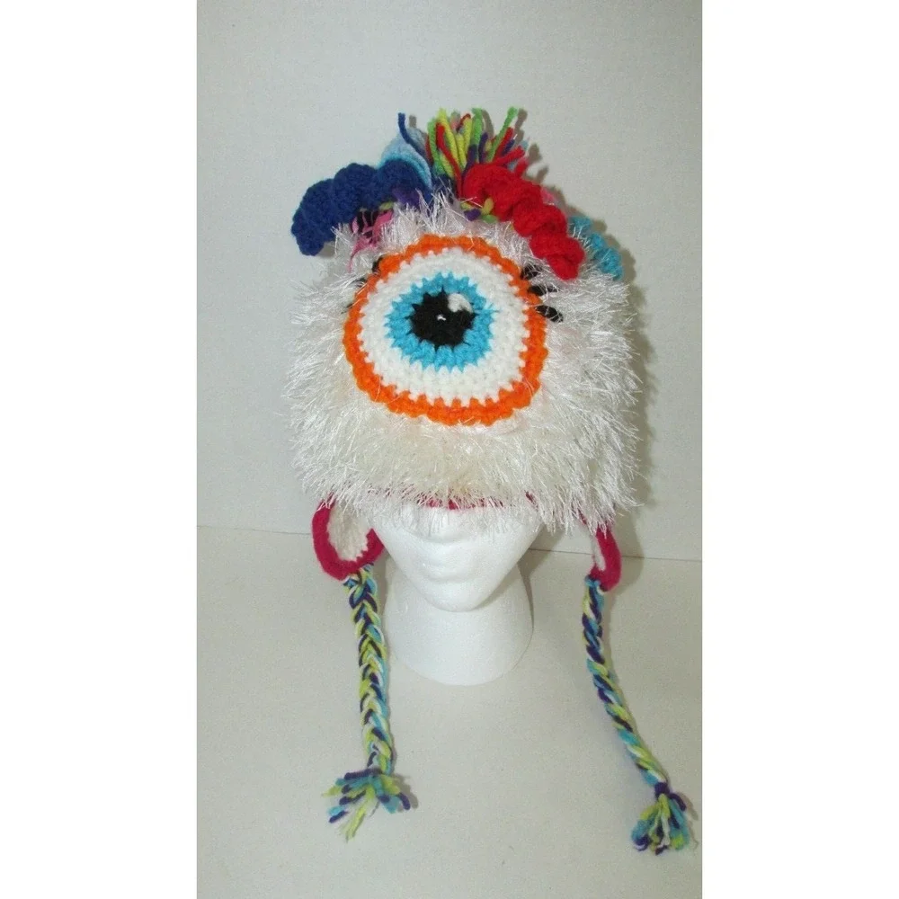 Hand made crocheted one‎ eyed cyclops monster fun fur curly ques bow winter hat